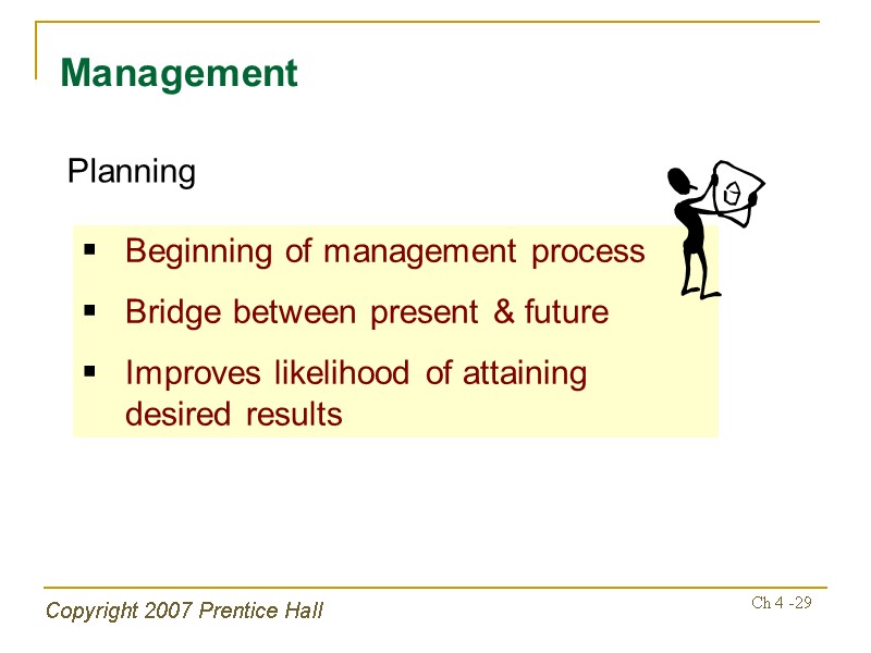 Copyright 2007 Prentice Hall Ch 4 -29 Management Planning Beginning of management process Bridge